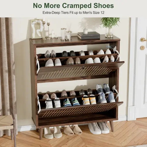 Walsunny Shoe Cabinet Storage, Freestanding Organizer with 2 Flip Drawers, Narrow Shoe Rack Home Organization and Storage Space-saving Design for Entryway, Hallway, Walnut