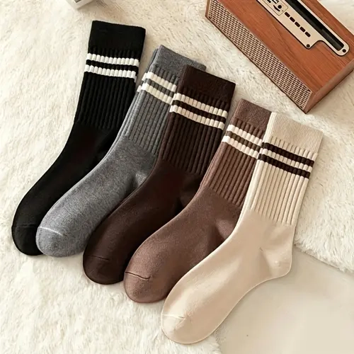 Women's 5-Pack Fall-Winter Brown Double-Striped Ankle Socks - Soft Breathable Cotton, Moisture-Wick, Warm, Chic, Fitted Casual, Short Length, Bulk, Ideal for Casual Wear, Daily Essential Gift (Women's Underwear Focused)