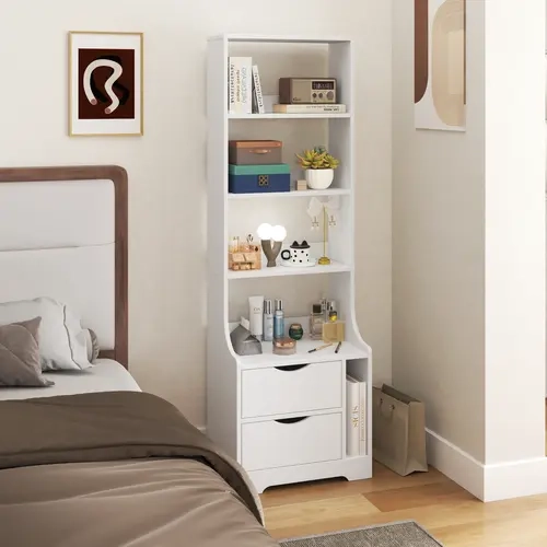 LAKEMID Minimalist White Rectangular Nightstand for Single Bedrooms, 58.11" Tall MDF Wood Gloss Finish Bedside Table with Solid Wood Legs, 2 Drawers with Metal Rails, 4 Open Shelves Space-Saving Organizer