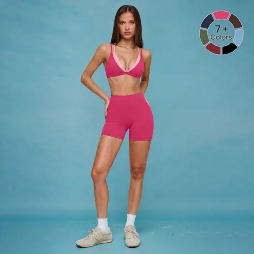 MFVIM Women's 2-Piece Fitted Polyamide Workout Set - Trendy Sports Wear, Sporty Casual Wear, Athleisure Gym Clothes, Women Workout Clothes, 2-Layer Color-Block V-Neck Thin Spaghetti Straps, High-Waisted Butt-Lifting Shorts for Fitness, Yoga