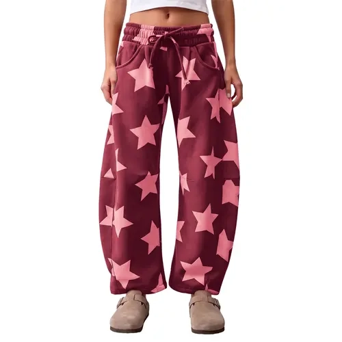 Aoysky Women's Lightweight Star Print Knit Pants, Elastic High-Waist Adjustable Drawstring Fabric Comfy Baggy Streetwear, Side-Pocket Loose-Fit Ankle-Cuff Lounge Trousers for Back to School