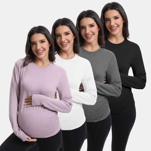 Women's 4-Pack Solid Long Sleeve Crew Neck Ruched Spandex Blend Stretch T-Shirts, Maternity Clothes for Pregnant & Nursing Use, Prenatal Maternity Clothing, Casual Nursing Clothes