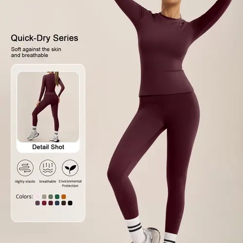 Women's Sporty Two-Piece Set, High-Elasticity Breathable Fabric, High Waist Design, All-Seasons Wear, Solid Sports Outfit, Active Wear