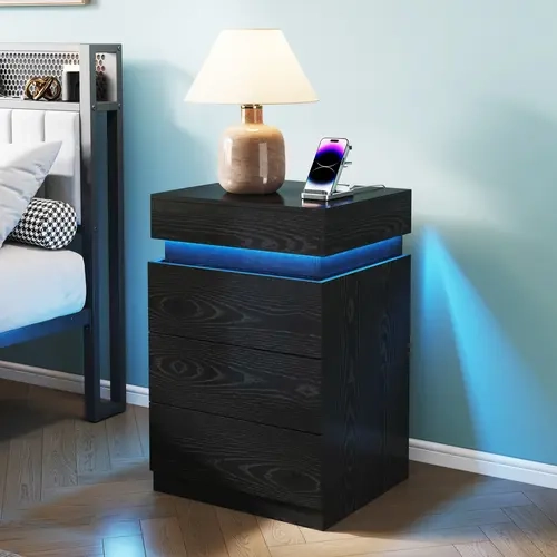 LAKEMID Modern LED Black 3-Drawer Bedside Storage Table - Single Unit Rectangular Indoor Bedroom Side Table with Charging Station, Sliding Top & Wood Finish Storage, Bedside Storage Tables