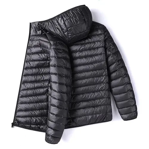 Men’s Glossy Hooded Cotton-Blend Outdoor Puffer Jacket - Minimalist Menswear Male Clothing, Lightweight Padded Zip-Up Windproof Casual Outerwear for Commuting, Outdoor Activities