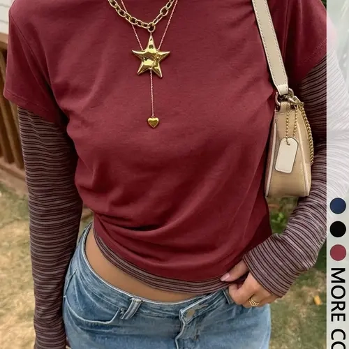 Women's Faux Two Piece Contrast Striped Sleeve Top Crew Neck Long Sleeve Cropped Silhouette Slim Figure Flattering Fit Retro Casual Streetwear Style Perfect for Daily Errands Brunch Hangouts