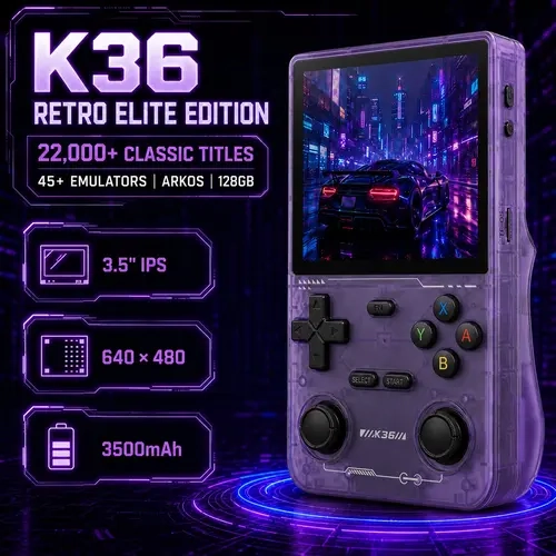 K36 Retro Handheld Game Console, 22,000+ Classic Titles, 45+ Emulators, ArkOS 128GB, 3.5" IPS Screen, Portable Rechargeable Gaming Console for Travel, Home & Gift for Gamers