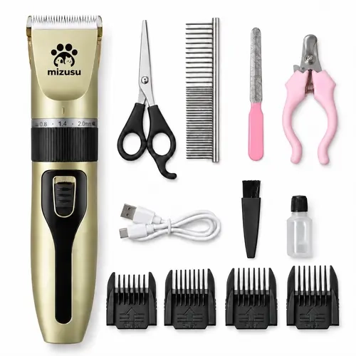 Mizusu 12-in-1 Cordless Pet Grooming Clipper Set - Groomer Tools Kit with Ceramic Blade Clipper, 4 Guide Combs, Rechargeable Trimmer for Cats, Dogs