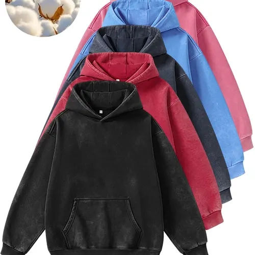 Unisex vintage washed pullover hoodie, oversized loose fit hooded sweatshirt with kangaroo pocket, casual streetwear long sleeve hoodie for men and women