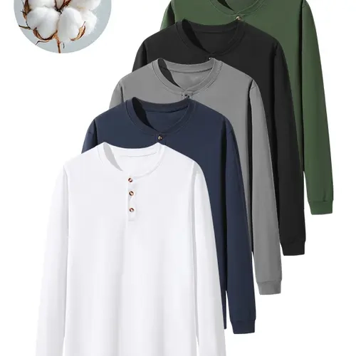 Men's  long-sleeve T-shirt with a multi-button front placket and ribbed cuffs at the sleeves, casual layering top
