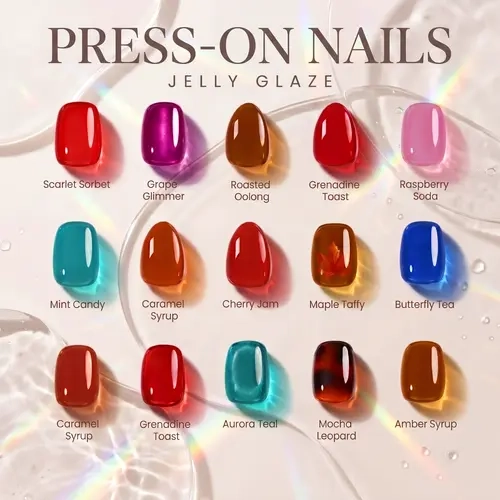 Curvlife Jelly Glaze Press on Nails Collection, 32 PCS, Glossy Full Cover Gel Glue on Stick on Nails for Women and Girls, Cute Translucent Jelly Glaze Sheer Pink Nude Glass-Like Reusable False Nails, Everyday Nail Art Kit, Salon Quality Fake Nails