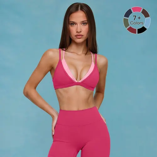 Women's V-Neck Push Up Tie Back Sports Bra - 2-Piece Faux Polyamide Fabric, MFVIM Strawberry Pink, Double-Layer Color-Blocked Thin Straps, Bras for Women, Gym Apparel for Yoga, Pilates
