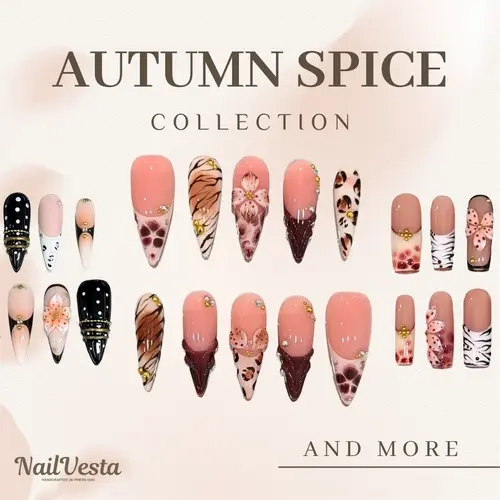NailVesta AUTUMN SPICE COLLECTION – 100% Handcrafted 3D Press-On Nails | Reusable, Long-Lasting, Salon-Quality gel luxury Self fan bridal shower party soft flatback design Art