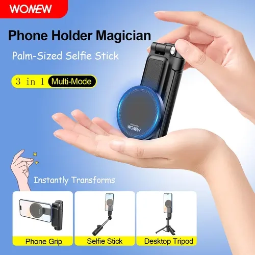 WONEW Z2 Magnetic 3-in-1 Cellphone Grip - Aluminium Mini Tripod, Versatile Palm-Size Extendable Desktop Mobile Phone Holder with Detachable Bluetooth Remote Shutter for Vlog Accessories Smartphone Holders Phone Stand Holder