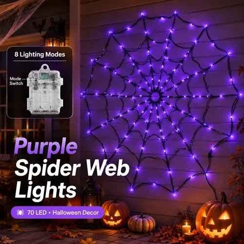 Spooky Spiderweb Net String Lights - 4FT 70 LED Waterproof Plastic Mesh, 8 Modes, Festive Decorations for Outdoor Halloween Decor, Spiderweb Illuminated Hanging Ornaments for House, Garden