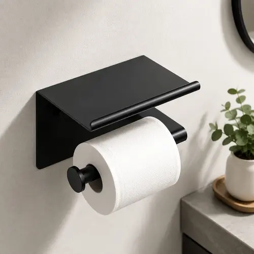 Matte Black Toilet Paper Holder With Shelf, Adhesive & Screw Mount Stainless Steel Bathroom Toilet Roll Holder, Waterproof Rustproof Wall Mount Bathroom Hardware