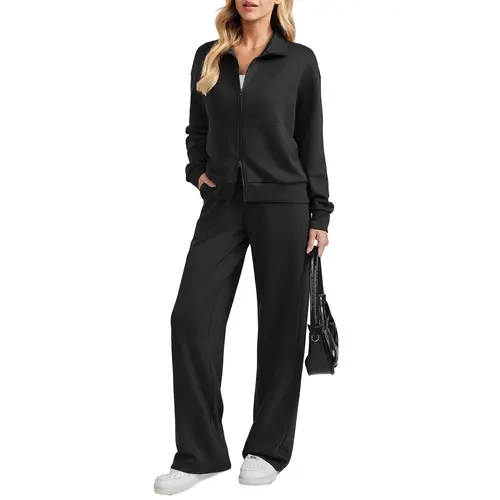 PINSPARK Women's 2-Piece Modest Athleisure Sweatsuit - 2-Way Zip Stand Collar Top, Wide Leg Kangaroo Pocket Long Pants, Breathable Soft Blend, Regular & Petite Sizes, Workout Sets Women for Lounge