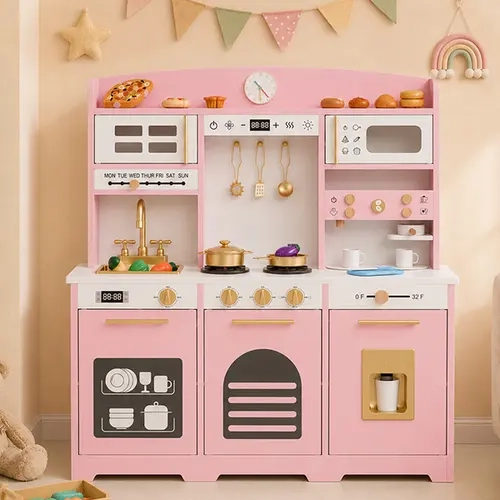 Wooden Toddler Cooking Playset - Unisex Kids Toys for Ages 3+, Cute & Ready-to-Play Kitchen & Food Toys with 21 Accessories, Realistic Multi-Functional Zones (Sink, Stove, Oven, Microwave, Dishwasher, Ice Maker) (Pink/White/Green)