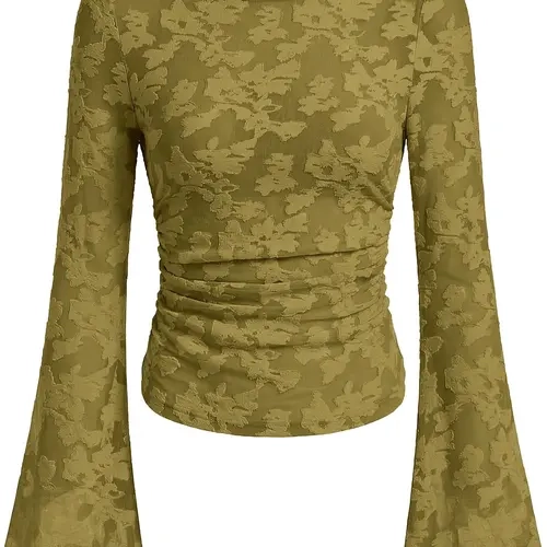 ANRABESS Womens Bell Sleeve Long Sleeve Crop Tops | Floral Mesh Boat Neck Blouse, Slim Fit Bodycon Shirt, Soft Polyester Fabric, Trendy Elegant Going Out Work, Fall Spring Wear