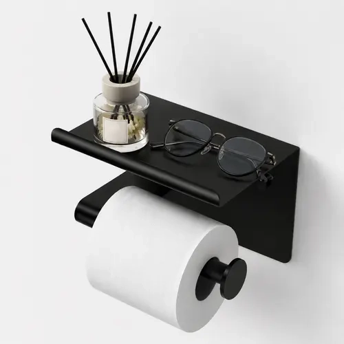 Matte Black Rectangular Wall-Mount Toilet Paper Holder with Storage Shelf - Rustproof Stainless Steel Bath Accessories, Wipe Organizer, Large Roll Fit, Drill-Free Adhesive/Screw Install, Slip-Proof Ends, Indoor Bathroom Decor