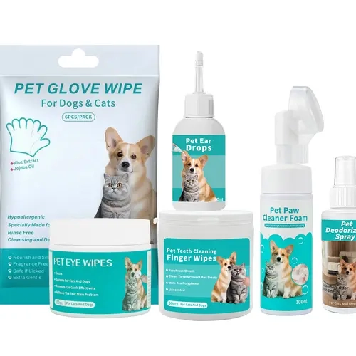 Hypoallergenic 6-in-1 Rinse-Free Dog & Cat Grooming Set Pack, Odor Control Pet Supplies with Ear Cleaner Drops, Paw Foam Cleaner, Dental Finger Wipes, Tear Stain Eye Wipes, Deodorizing Spray, Bath Gloves
