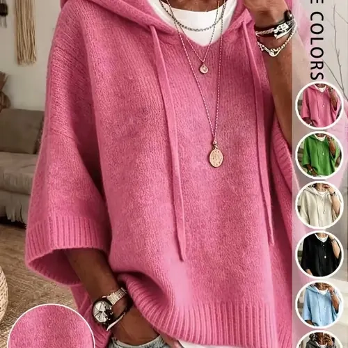 Women's Simple Basic Hooded Knit Sweater, Loose V-Neck Half Sleeve Drawstring, Fall Winter Casual Pullover, Perfect for Daily Commute and Shopping