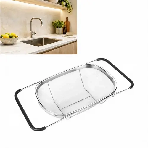Over-Sink Fine Mesh Sieve Colander - Adjustable-Handle Expandable Stainless Steel Kitchen Gadget, Non-Slip Clog Prevention With Handle Sieves and Colanders for Vegetable Draining