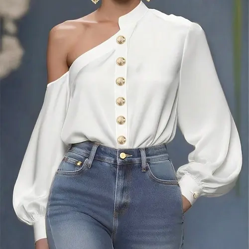 Women's Asymmetric One-Shoulder Shirt, Stand Collar, Bubble Sleeve, Front Button Design, Elegant Top, Casual Style, All Seasons