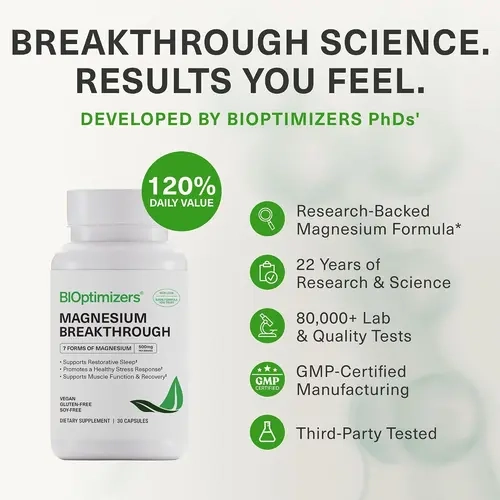 BiOptimizers Magnesium Breakthrough –5 Pack-  7 Forms of Full-Spectrum Magnesium (Glycinate, Malate, Citrate & More) for Sleep, Stress & Muscle Recovery, 365-Day Guarantee