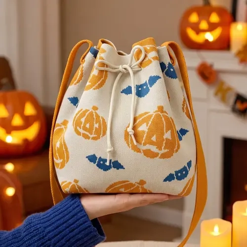 Halloween Pumpkin Knit Bucket Bag, Drawstring Crossbody Shoulder Bag, Sweet Cool Fall Women's Small Bag, Perfect for Halloween Parties, for Christmas, Crossbody Purses