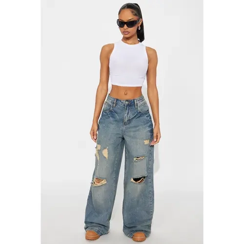 Sunset Avenue Ripped Wide Leg Jeans - Vintage Wash