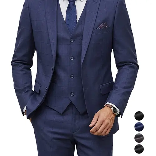 YND Men's Formal 3-Piece Suit and Tie Set - Longsleeve 2-Button Slim Fit Solid Polyester, Classic Peak Lapel, Chrome Buttons, Invisible Waist Jacket, Trousers, Vest for Business Formal, Classic Luxury, Dressier Events, Business Formal Men's Suits