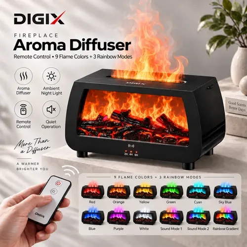 DIGIX Rectangular Sound Reactive Fireplace Humidifier Aromatherapy Machine - 300ml Ultrasonic Cool Mist Diffuser, Music Sync Flame Effect, Timer, Auto-Off, Apartment Stuff, Room Gadgets, Home Decor for Bedroom, Cool Gifts for Adults