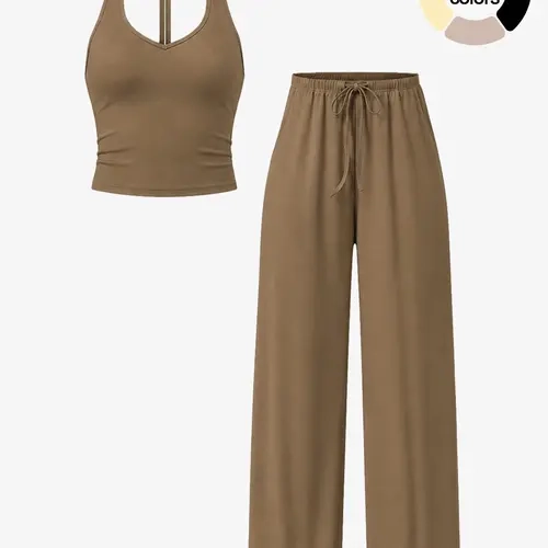 Women's 2 Piece Workout Set Tank Top with Removable Pads and Adjustable Drawstring Wide Leg Pants Cooling Quick Dry Breathable Yoga Outfit for Gym Shopping Airport Travel Activewear Gym Yoga Outfits