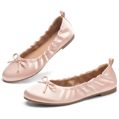 Coutgo Women's Classic Ballet Flats - Faux Leather Plain Design, Round Toe, Bow Accent, Rubber Sole, Lightweight Slip-On Shoes for Women, Work Casual Trending Flats, Formal Casual Footwear