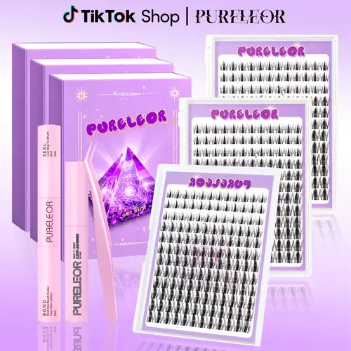 PURELEOR D-Curl Wispy Eyelash Clusters Kit, 0.07mm Wet-Style Mixed 10-16mm Individual Clusters Lashes with Waterproof Bond, Seal, Glue Remover, Applicator & Adhesives, Portable Pre-Packaged Set