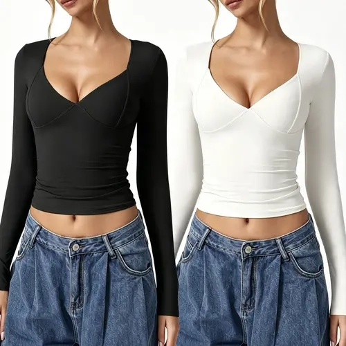 【2 Pieces】QINSEN V Neck Tops for Women Long Sleeve Crop Tops Double Lined Seamed Cup T Shirts