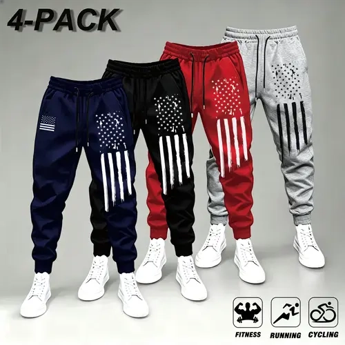 Men’s jogger sweatpants, pack of 1–4 – vintage American flag print – navy blue, black, red, gray – elastic waistband with drawstring design – comfortable, stylish casual street style – suitable for workouts, running, cycling, and everyday wear – men’s jog