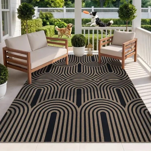 [FallDealsForYou] HEBE Tufted Washable Faux Jute Geometric Rug, 8x10 Size Polyester Fiber All-Weather Household Decorative Rug, Beige Retro Look, Non-Slip, Non-Shedding, for Deck Balcony, Indoor Use