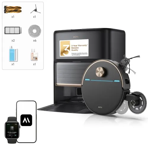 MOVA V70 Robot Vacuum & Mop | World's 1st Dual UltraExtend Arms (17cm Mop+12cm Side Brush) Zero Dead-Zones; 42,000Pa Suction, 15N Pressure & 300RPM; 9cm StepMaster Climb, 100°C Hot Self-Clean & Fast Dry, EcoCyclone Bagless Tank, Dual-Laser RGB AI