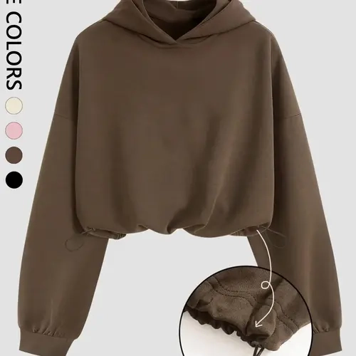 Women's Cropped Hoodie with Adjustable Drawstring Hem, Drop Shoulder Long Sleeve Loose Fit Warm Hooded Sweatshirt, Casual Pullover Streetwear Top, Versatile Fashion Hoodie for Daily Outings