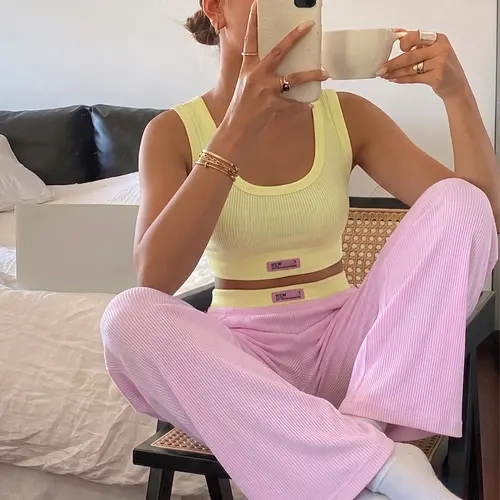 Women's Casual Knit Pajama Set, Colorblock Design, Slim-Fitting Sleeveless Top Comfortable Home Wear, Loungewear, Ideal for Daily Use
