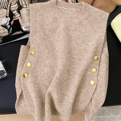 Solid Color Round Neck Casual Side Metal Button Split Top, Fashion Sleeveless Knit Vest Tank, Slim-Fitting Cropped Vest for Spring & Fall