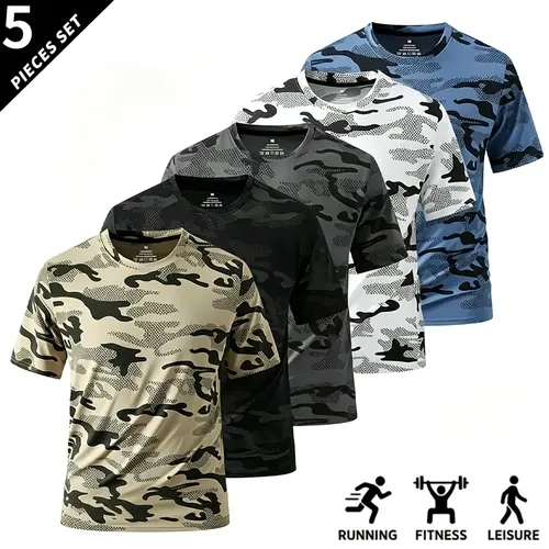 Men’s 5-Pack Camouflage Print Polyester Blend Short-Sleeve T-Shirts - Quick-Dry, Breathable, Loose Plain Cut Tops for Casual Sports, Fitness, Multi-Size Options