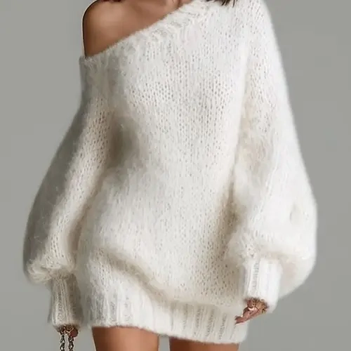 Women's Solid Asymmetric One-Shoulder Ribbed Lantern Sleeve Loose Cozy Elegant Versatile Sweater Knit Long Sleeve Dress for Fall & Winter, Perfect for Daily Gatherings, Parties & Date Wear