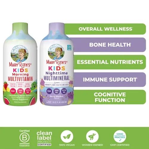 MaryRuth's Kids AM & PM Wellness Bundle - Kids Liquid Morning Multivitamin, Strawberry Melon Splash, 15.22 oz - Kids Liquid Nighttime Multimineral, Berry Sherbet, 15.22 oz