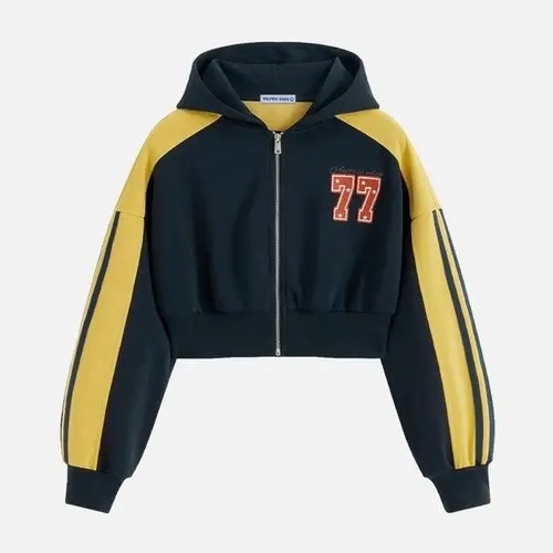 Aelfric Eden Cropped Color Block Zip Up Hoodie Retro Color‑Block Design Number 77 Graphic Print Cropped Zip‑Up Silhouette Soft Fabric Unisex Vintage Sport Hoodie