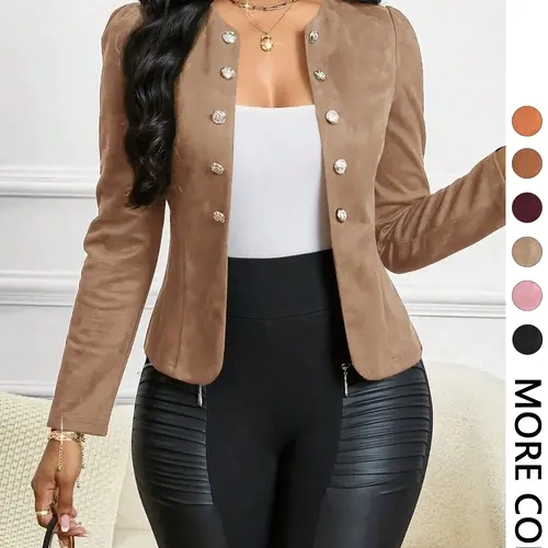 Women's Faux Suede Cropped Blazer, 1 Piece Napoleon Hussar Style Jacket with Ornate Decorative Button, Padded Shoulders Tailored Fit Outerwear, Available in Multiple Colors