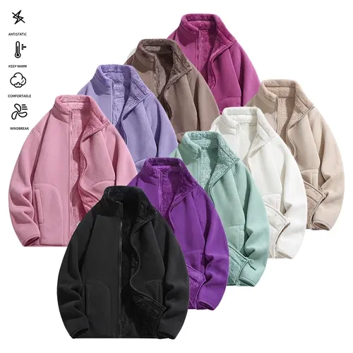 Women's Fitted Solid-Color Basic Lady Jacket - 1-Pack Longsleeves Snug Coral Fleece Coat, Reversible, Zipper Closure, Thick for Autumn/Winter Casual Wear