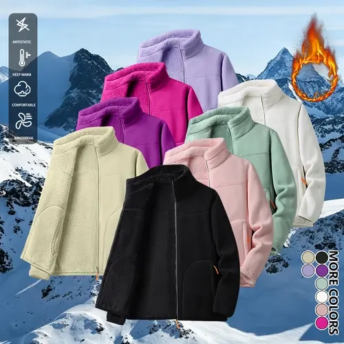 Women's Winter Everyday Fleece Jacket - Zip-Up Fleece Women's Casual Jackets, 1 Piece, Full Zipper, Long Sleeves, Zippered Pockets, Stylish, Warm, Comfortable Outerwear